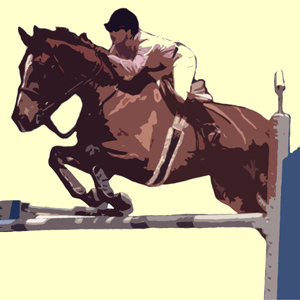 Bay horse jumping with rider